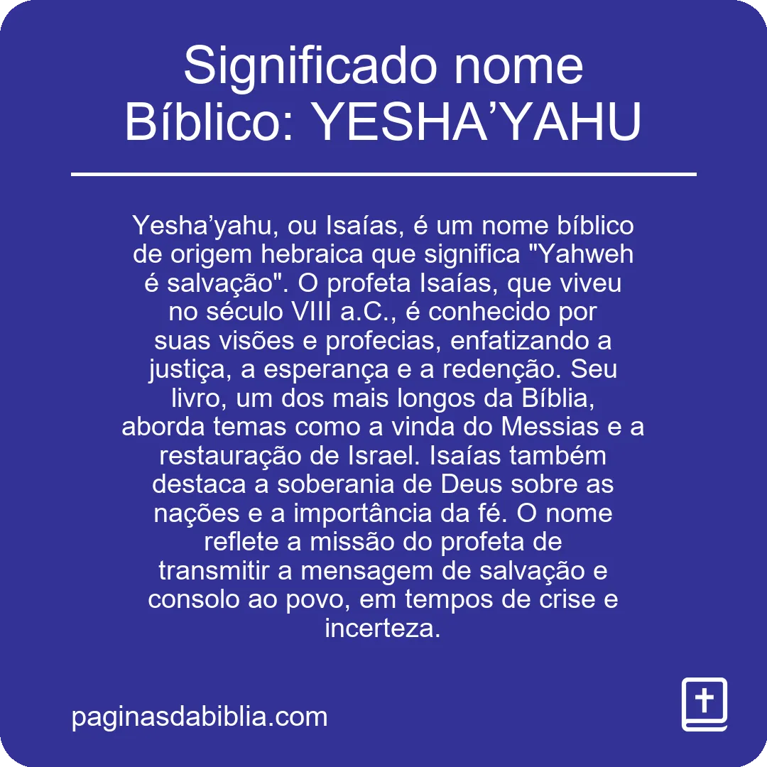 Significado nome Bíblico: YESHA’YAHU